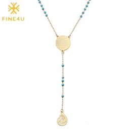 FINE4U N314 Stainless Steel Muslim Arabic Printed Pendant Necklace Blue Colour Beads Rosary Necklace Long Chain Jewelry9360721