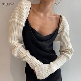 Women's Knits White Women Sweater Shrugs Cropped Top Full Lantern Sleeve Knitwear Pullover Sexy Summer High Street Outwear 2024 Spring