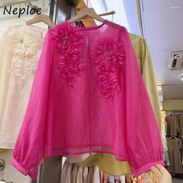 Women's Blouses Neploe 2024 Spring 3D Flower O-neck Shirts Women Vintage Heavy Diamond Blusas Mujer Y2k See Through Mesh Chiffon