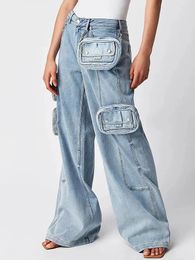 Women's Jeans Designer Retro Wash High-waisted Multi-bag For Fall Fashion All-in-one Baggy Wide-leg Pants Bag Removable