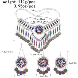 Afghan Colorful Crystal Coin Tassel Necklaces Earring Hair Clips Sets for Women Female Ethnic Wedding Party Gypsy Party Jewelry