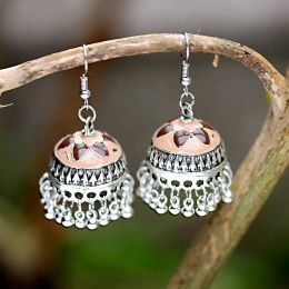 Ethnic Pink Flower Jhumka Earrings Women's Silver Colour Bells Indian Jewellery Gypsy Earrings Pendientes Piercing