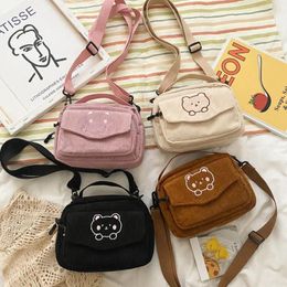 Totes Fashion Women Corduroy Cartoon Bear Print Shoulder Bags Student Tote Messenger Bag Satchel Travel Handbags