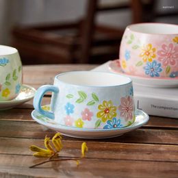 Mugs Hand-painted Three-dimensional Relief Coffee Cup Saucer Flower Pattern Ceramic Mug Household High Quality Afternoon Tea
