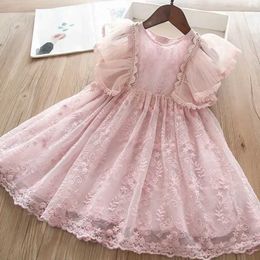 Girl's Dresses Summer Lace Ruffles Sleeves Solid Dress Elegant Girls Dresses for Girls 2024 New Childrens Casual Clothes Princess Party Wear
