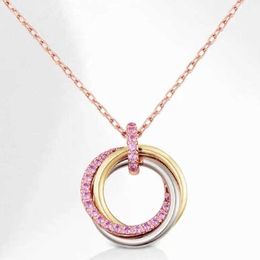 Card Three Ring Necklace Full Body s925 Sterling Silver Thick Plated 18K Gold Pink Diamond Three Ring Three Colour Pendant Collar Chain Female