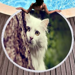 Cat Beach Towel,3D print Cute White cat peeking behind a tree Beach Towel Yoga Mat for Beach Gym Round Beach Towel Blanket