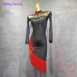 Stage Wear Women Latin Dance Dress Long Sleeve Red Tassel Sexy Dancing Practise Cloth Samba Tango Chacha Performamnce W252