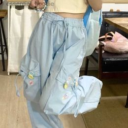 Women's Pants Capris Blue Sweet Japanese Trend Embroidery Casual Mens Summer High Waist Loose LTI Pocket Wide Leg Cargo Pants C240411