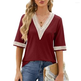 Women's Blouses Women V-neck Top Golden Lace T-shirt For Streetwear Tops With Loose Fit Short Sleeve Pullover Style Breathable