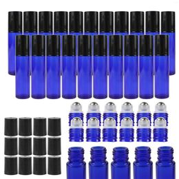 Storage Bottles 24pcs 10ml Blue Thick Glass Roll On Bottle Empty Refillable Perfume Container With Roller Metal Ball For Essential Oil