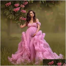 Maternity Dresses Fluffy Pink Tle Robes For Po Shoot Off Shoder Tiered Ruffles Women Dress Y Babyshower Gown Drop Delivery Baby Kids S Otpwg