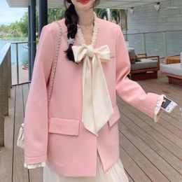 Women's Suits Pink Fragrant Style Suit Spring Autumn 2024 Coat Korean Edition Sweet Bow Tie High End Small Blazers Trendy OL Top