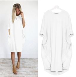 2020 Summer Solid Imitation Cotton Pure Dress Women Basic Loose Dress Pocket Long Sleeve Oversized Fat Sister Casual Dress6700538