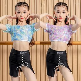 Stage Wear Summer Girls Latin Dance Clothes Fairy Mesh Flower Tops Black Skirt Performance Practise Clothing Short Sleeves Dress DNV20124