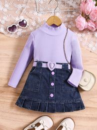 Clothing Sets Girl's Cute Coloured Turtleneck Top With Multiple Buttons And Pleated Skirt Heart Belt