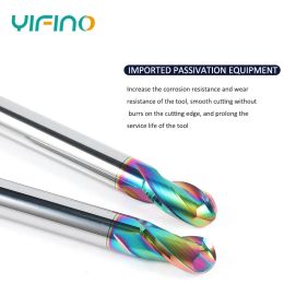 YIFINO HRC55 2F Colourful Coating Tungsten Steel Carbide Aluminium Ball End Milling Cutter CNC Mechanical Machining End Mill Tools