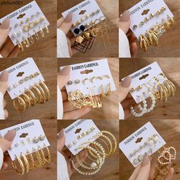 Hot selling metal geometric C-shaped earrings French 6-piece set wrapped pearl earrings creative gold ear Jewellery for women