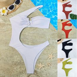 Women's Swimwear Sexy One Shoulder Swimsuit One-Piece Solid Colour Cutout Monokini Push Up Bikini Beachwear 2024 Bathing Suit