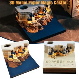 3D Memo Pad 2024 Desk Calendar Memo Pad 3D Magic Castle Weekly Calendar Notepad with Light Stationery Accessories Pen Holder 240411