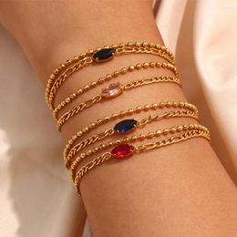 Link Bracelets 2024 Stainless Steel PVD Plated Marquis Zircon Black Blue Pink Red Double Layer Beads Chain Bangles For Women