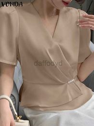 Women's Blouses Shirts 2023 VONDA Elegant Summer Satin Blouse Sexy V Neck Women OL Style Shirts Casual Solid Colour Tunic Tops Pleated Fashion Blusas 240411