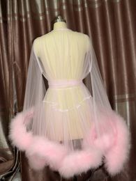 Pink Feather Robe Evening Dresses Pregnant Women Photo tunic Women's Edge Tulle Bridal Robe Bathrobes with Belt