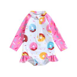 Kids Baby Girl Long Sleeve Swimsuits Ruffle Trim Donut Print Zipper Jumpsuit Swimwear Beachwear Bathing Suits 1-5T