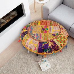 Pillow Cover Patchwork Round Floor Decorative Yellow 18x18" Handmade