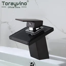 Bathroom Sink Faucets Waterfall Basin Faucet Taps Deck Mounted Brass & Glass Black Tap Torneiras Cold Mixer