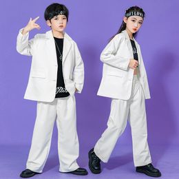 Kids Ballroom Hip Hop Dance Clothes for Boys White Loose Kpop Outffits Girls Jazz Modern Dance Wear Teenagers Stage Costumes
