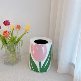 Household Trash Can INS Tulip Large Double-layer Waste Bin Waterproof Kitchen Bedroom Sundries Bucket Box 12L Furniture TrashCan