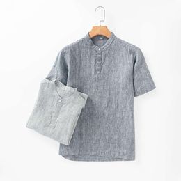 2024 Summer New Men's Linen Shirt Casual Short Sleeved Pullover T-Shirt Loose Linen Men's Shirt B012