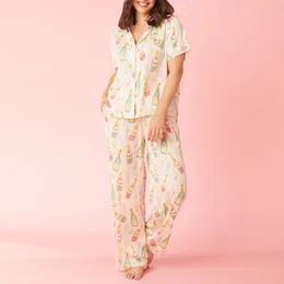 Home Clothing Summer Women's 2 Piece Pajama Set Loose Lapel Neck Button Down Short Sleeve Tops Elastic Waist Pants Sleepwear Loungewear