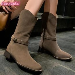 Boots Danxuefei Plus Size 34-42 Women's Natural Suede Leather Square Toe Slip-on Flats Autumn Mid-calf Ankle Buckle Half
