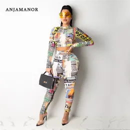Women's Two Piece Pants ANJAMANOR Sexy Club Outfits Tights Set Women 2024 Winter Fashion Spaper Print Long Sleeve Crop Top D41-AE34