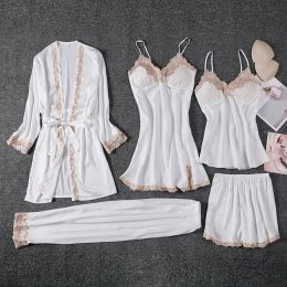 Pyjama Set Women Lace Trim Satin Sleepwear Pyjamas Pour Femme Summer Nightwear With Pants Casual Home Wear Kimono Robe Gown