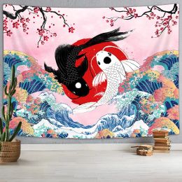 Koi Fish Tapestry Japan Ocean Wave Sakura Wall Hanging Yin Yang Cherry Blossoms Tapestries Home Living Room Wall Blanket Cloth