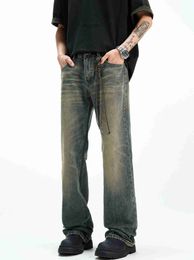 American style high street vibe vintage yellow mud dyed and washed jeans for mens trendy ins straight tube micro pull cleanfit pants