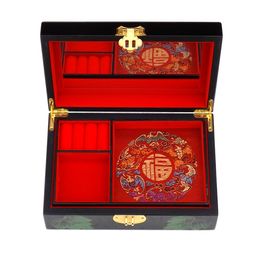 Chinese 2 Layer 21x14mm Large Wood Jewellery Box Retro with Mirror Blooming Flower Painting Handwork Wedding Boxes Gift Storage