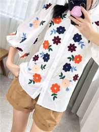 Women's Blouses Women Colourful Floral Embroidery Shirt Puff Sleeve White Loose Female Single Breasted 2024 Spring Blouse