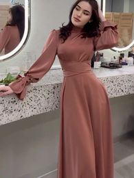Long Dress in Spring Fashion Satin Sleeves Elegant Robe with Waist High Neck for Womens Commuting Evening 240327