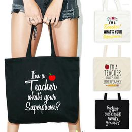 Shopping Bags Teacher Life Your Superpower Flower Canvas Tote Bag Zipper Shoulder Foldable Reusable High Capacity Handbag Gift