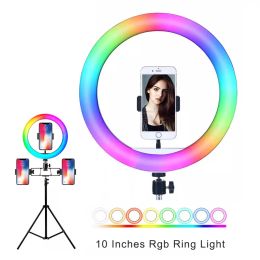 Lights Selfie RGB Ring Lamp with Tripod Dimmable Selfie Ring Light with Phone Stand Color Annular tube photographic lighting 26CM
