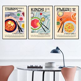 Gimbap Kimchi Bibimbap Teobokki Poster Retro Korean Food Vintage Wall Art Pictures Cuisine Modern Kitchen Decor Prints Painting