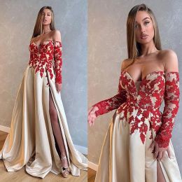 2024 Fashion Prom Dresses Lace Appliques High Side Split Evening Gowns Custom Made Long Sleeve Floor Length Plus Size Formal Party Dress