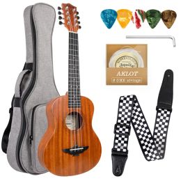 Hanger Aklot 8 String Ukulele Tenor Mahogany 26 Inch 18 Frets Hawaiian Guitar w/ Bag Strap Strings Picks for Gifts Music Lover
