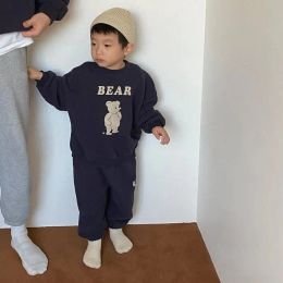 Trousers 03y Boy New Casual Set Baby Cute Bear Print Full Sleeves Sweatshirts + Girl Simple Solid Loose Cotton Pants 2pc Sports Suit