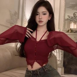 Women's Blouses Lace Sweet Halter Two Pieces Set Long Sleeve Cardigan Sleeveless Tank Top Grunge Y2k Aesthetic Bandage Harajuku Cute