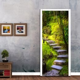 3D Wallpaper Green Forest Ladder Door Sticker Living Room Kitchen PVC Waterproof Wall Stickers PVC Self-Adhesive Door 3D Poster